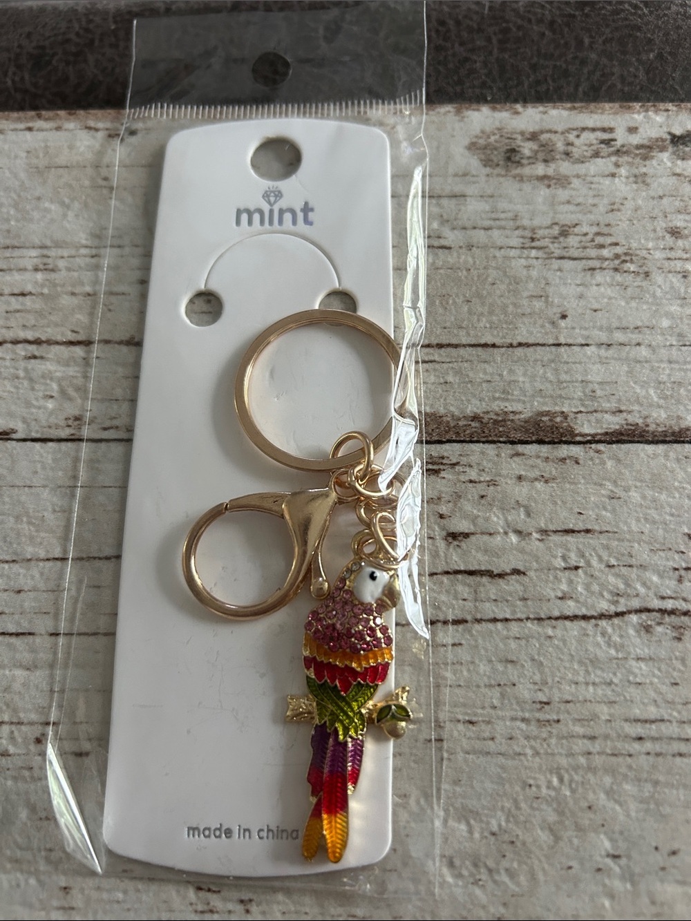5-)25 Mint Gold Parrot Keychain with Pink, Red, Green & Purple Enamel